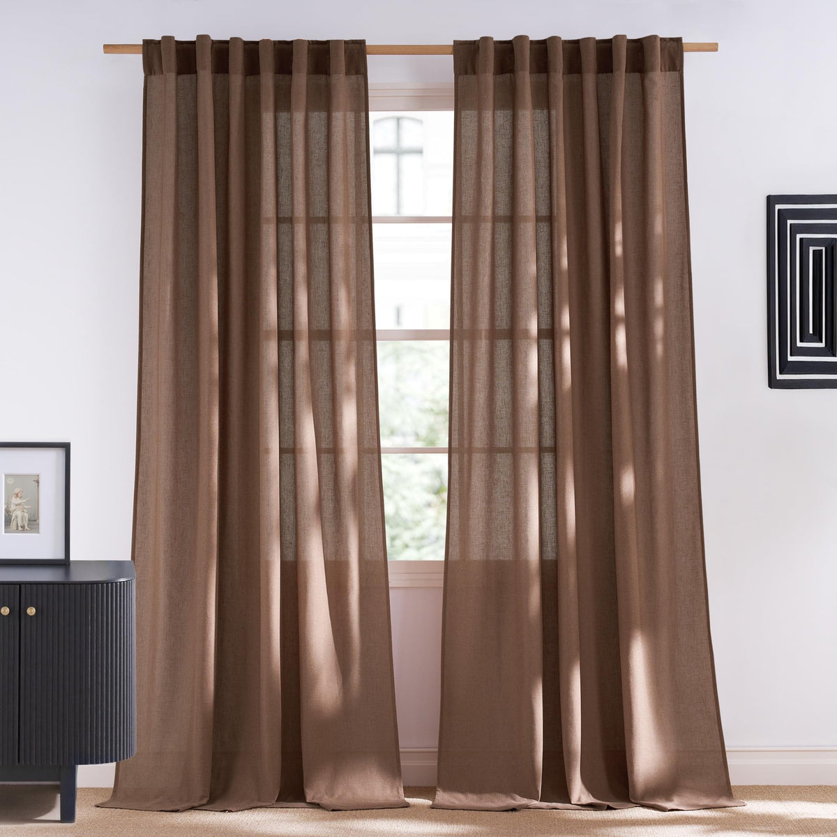 NICETOWN Flax Sheer Linen Curtains for Living Room 95 inch Long 2 Panels, Rod Pocket & Back Tab Semi Sheer Drapes Privacy Added with Light Filtering for Bedroom/Living Room, Natural, W55 x L95