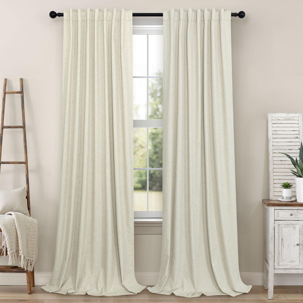 100% Blackout Curtains 84 Inch Length 2 Panels Set Neutral Boho Linen Farmhouse for Bedroom Windows Living Room Darkening Thermal Insulated Drapes Natural Cream Ivory 7ft Long Back Tab Pleated Pocket