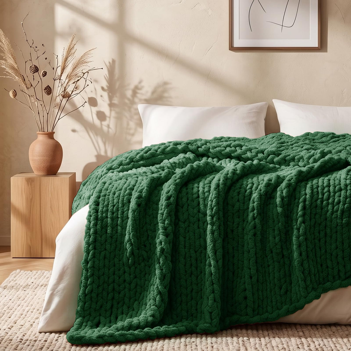 L'AGRATY Chunky Knit Throw Blanket for Couch, 50'' x 60'' Knit Throw, Ivory