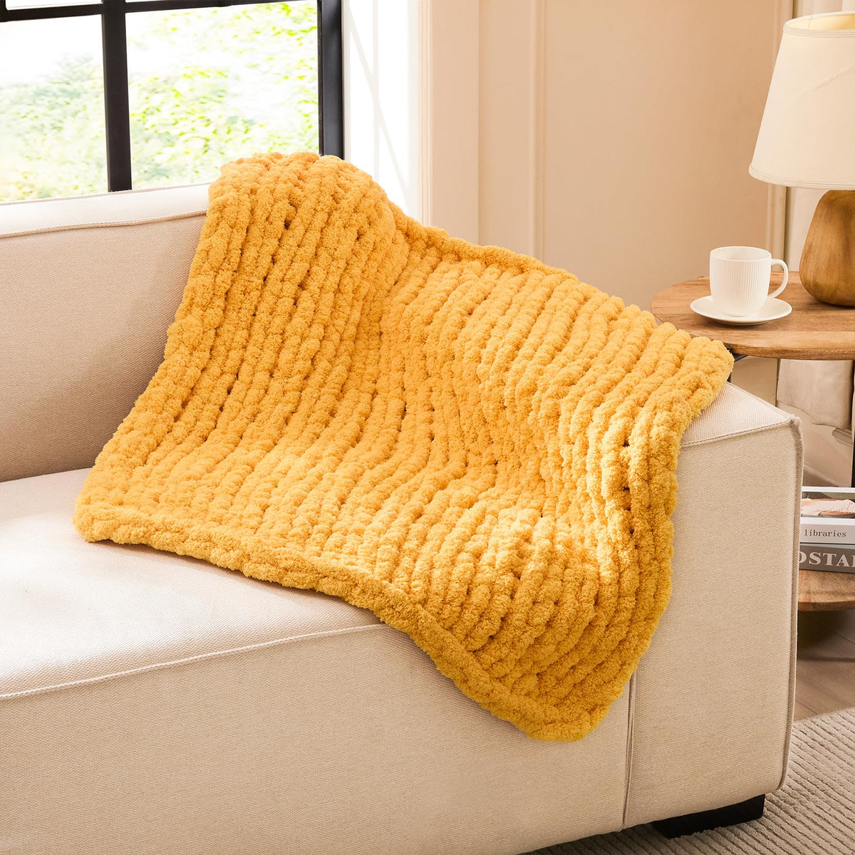 L'AGRATY Chunky Knit Throw Blanket for Couch, 50'' x 60'' Knit Throw, Ivory
