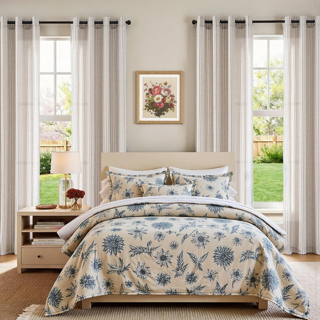 jinchan Linen Curtains 84 Inch Taupe Grey Stripe on Beige Grommet 2 Panels