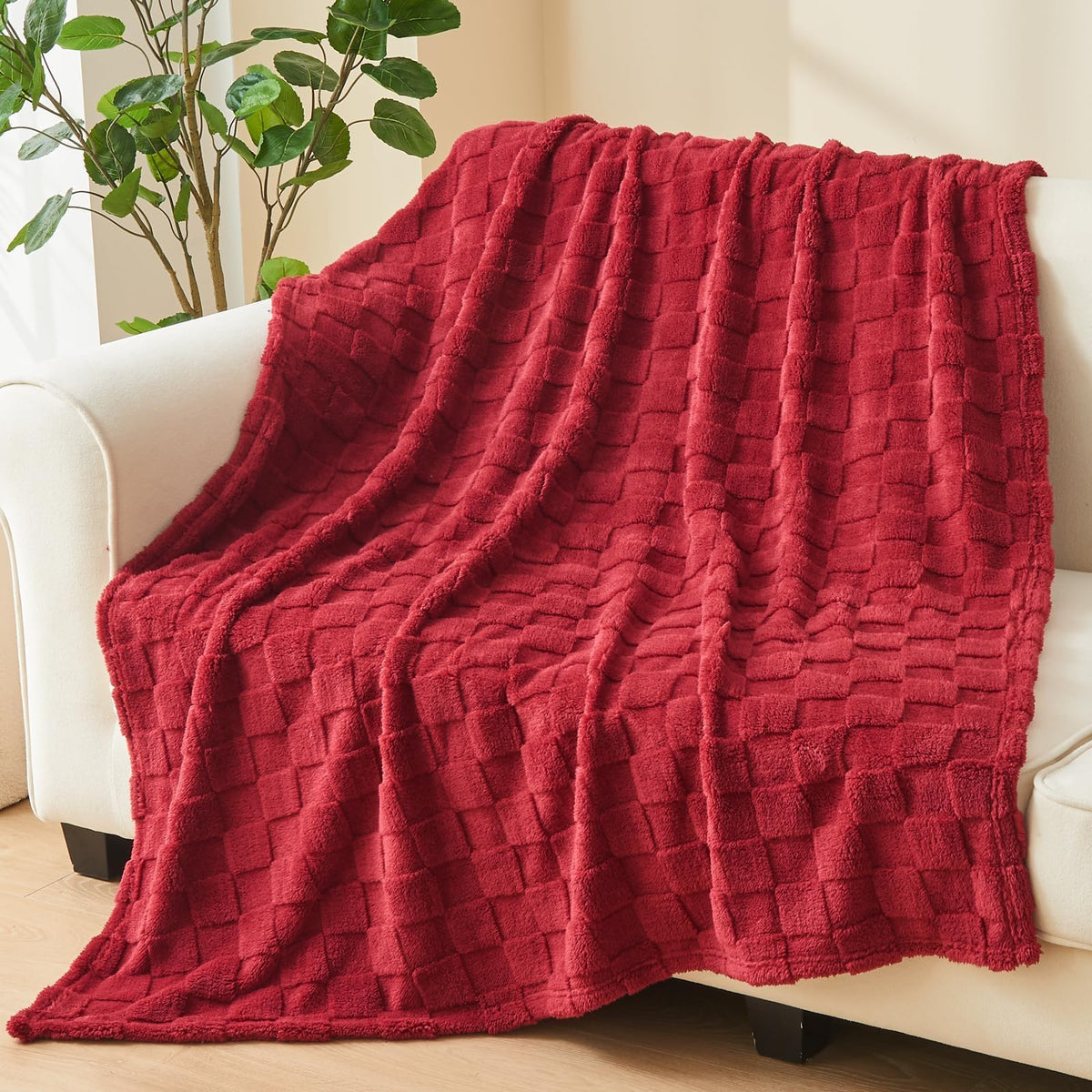 NEWCOSPLAY 3D Checkered Flannel Throw Blanket, Ivory Checkered, 50"x70"