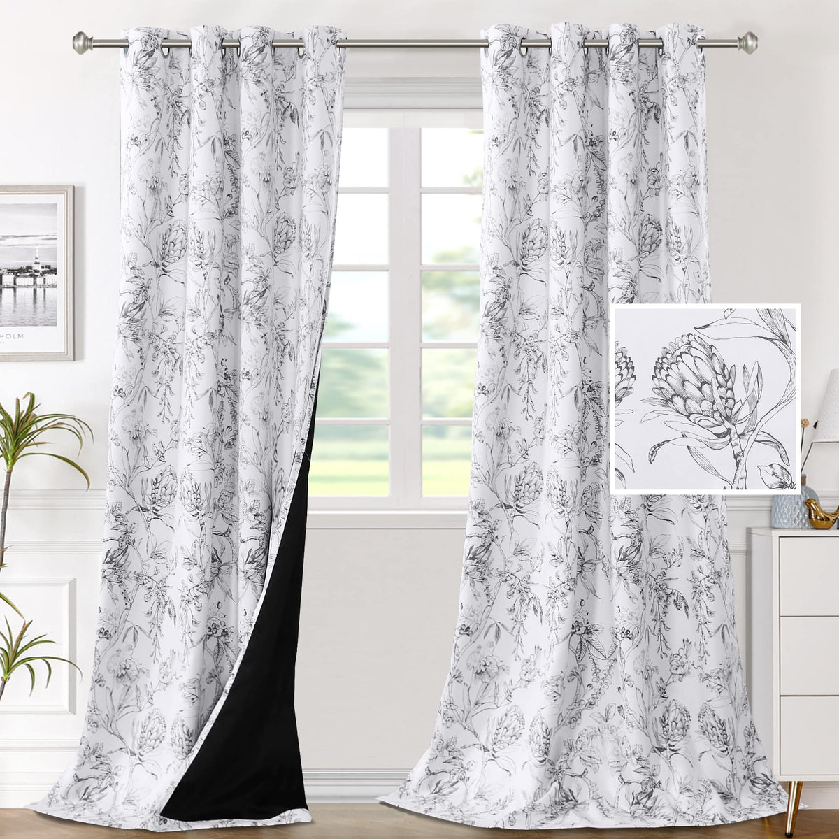 H.VERSAILTEX 100% Blackout Curtains 84 inch Length 2 Panels Set Cattleya Floral Printed Drapes Leah Floral Thermal Curtains for Bedroom with Black Liner Sound Proof Curtains, Grey and Taupe