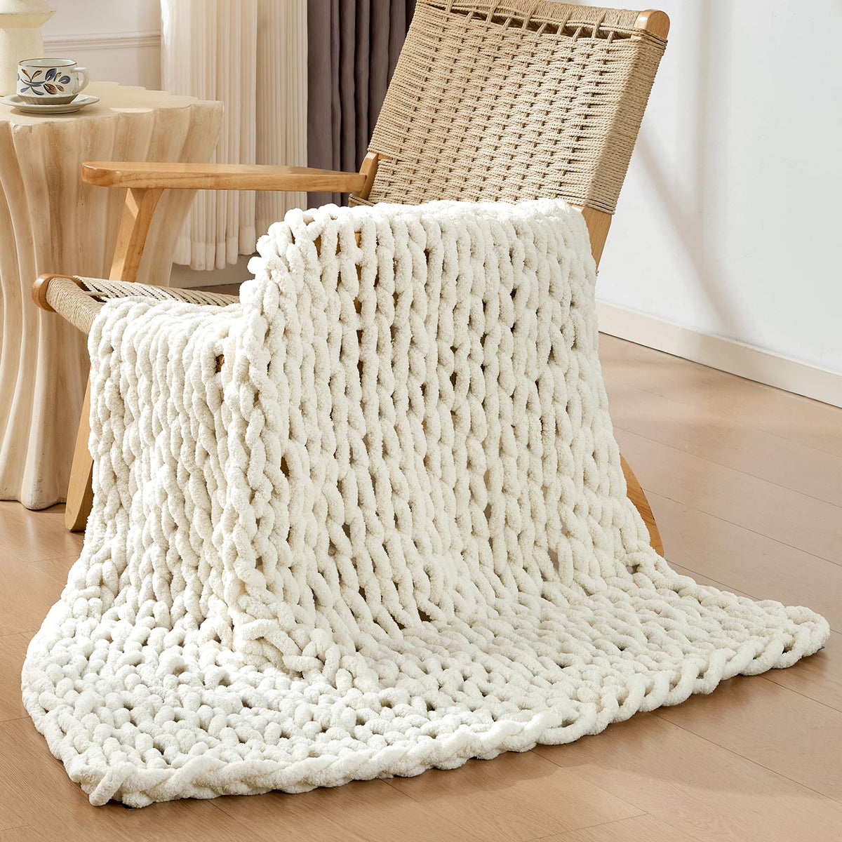 Bigacogo Chunky Knit Throw Blanket for Couch, 40x60 inches, Beige
