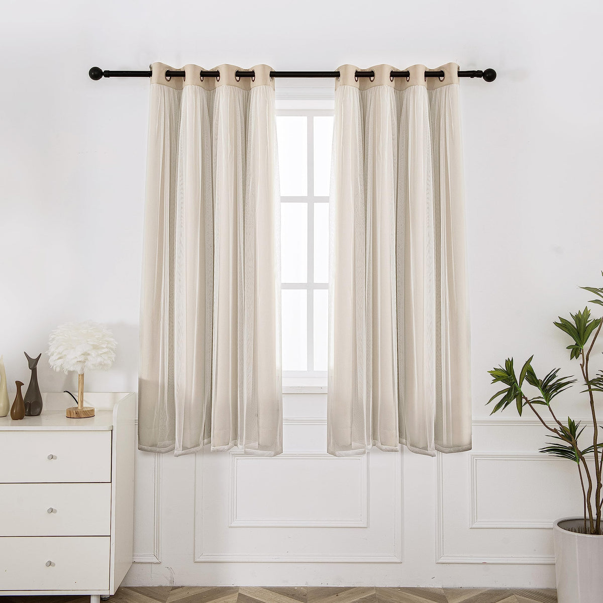 INLINAS Blackout Curtains with Sheer Overlay, Beige, 52x84 Inches
