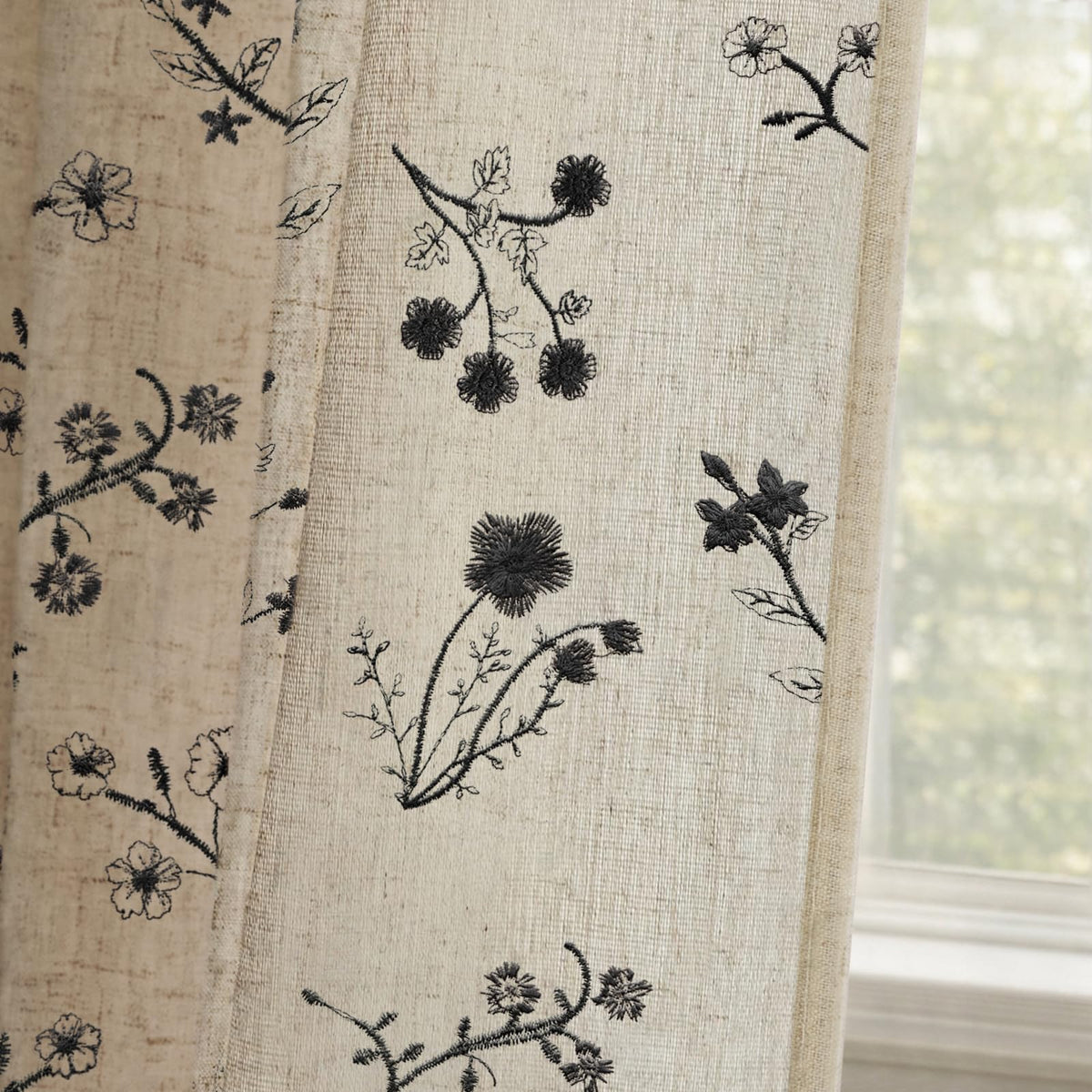 Boho Floral 100% Blackout Curtains 84 Inch 2 Panels Linen Texture