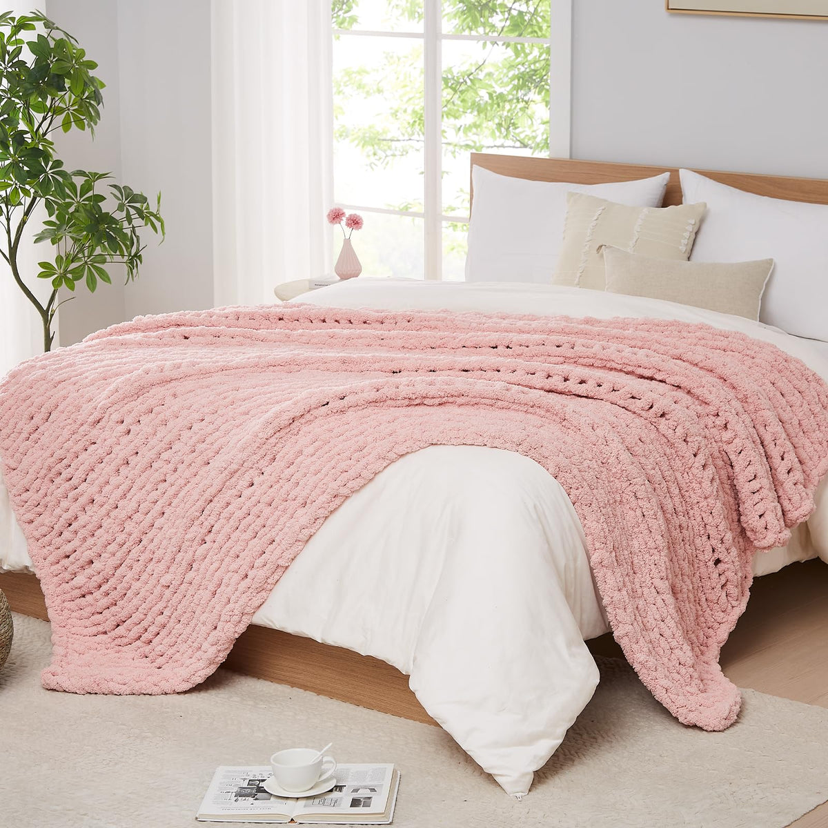 L'AGRATY Chunky Knit Throw Blanket for Couch, 50'' x 60'' Knit Throw, Ivory
