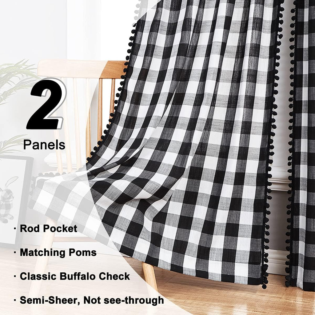 White Black Buffalo Check Curtains with PomPoms 45" SemiSheer Country Plaid