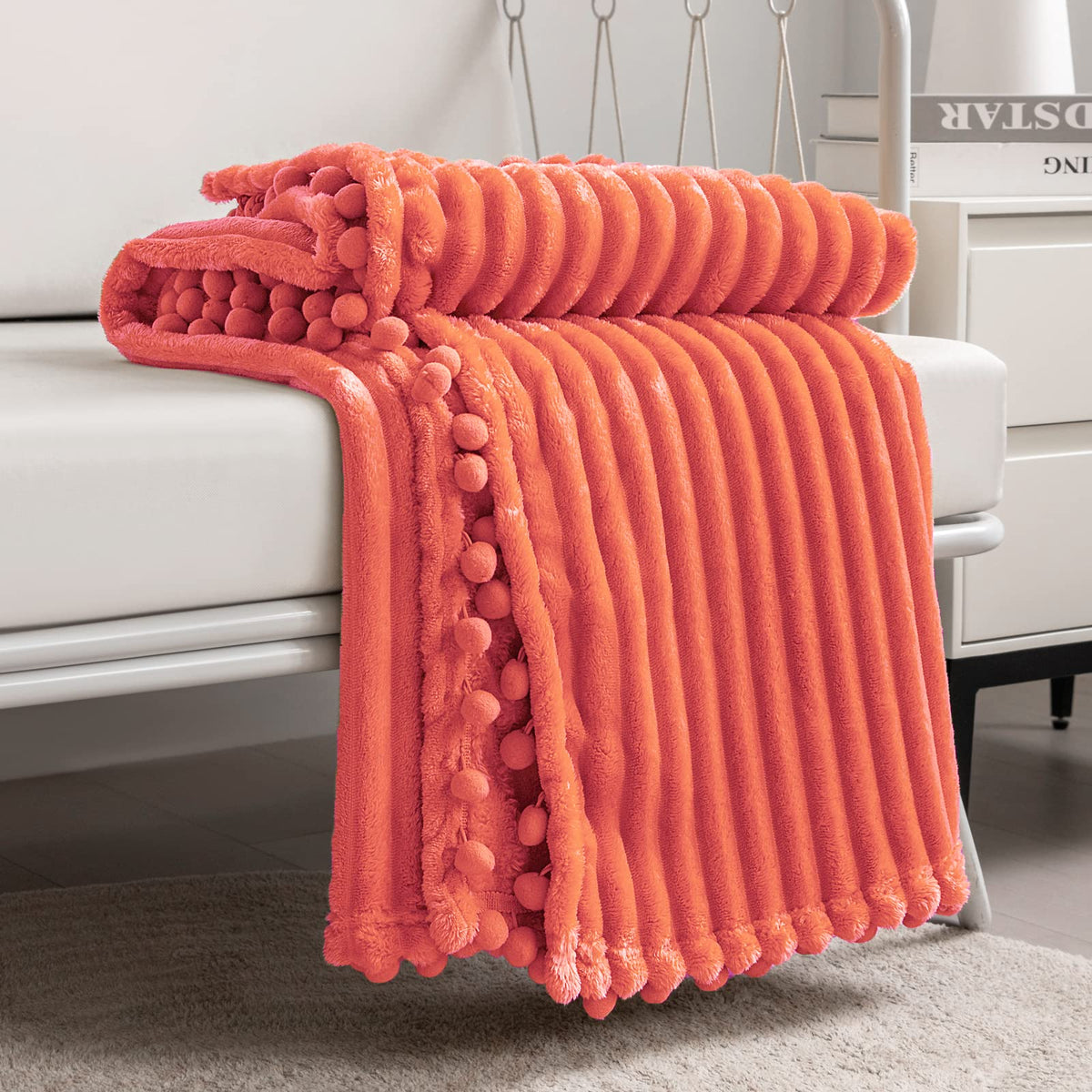 DISSA Fleece Blanket Throw Size – 51x63, Yellow Soft, Plush, Fluffy, Fuzzy, Warm, Cozy Perfect for Couch, Bed, Sofa - with Pompom Fringe Flannel