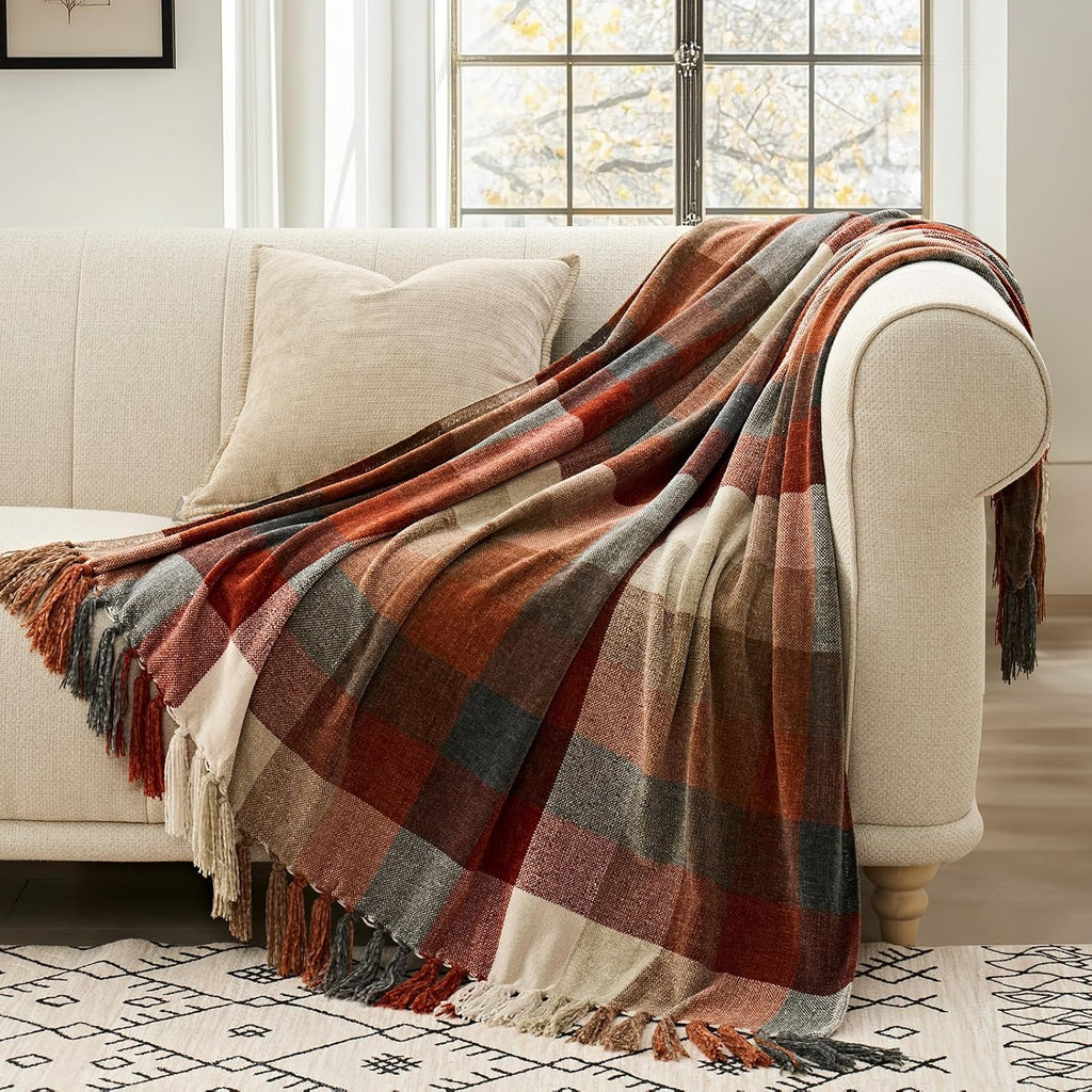 EverGrace Plaid Chenille Fall Throw Blanket, 50"x60", Harvest Orange Plaid