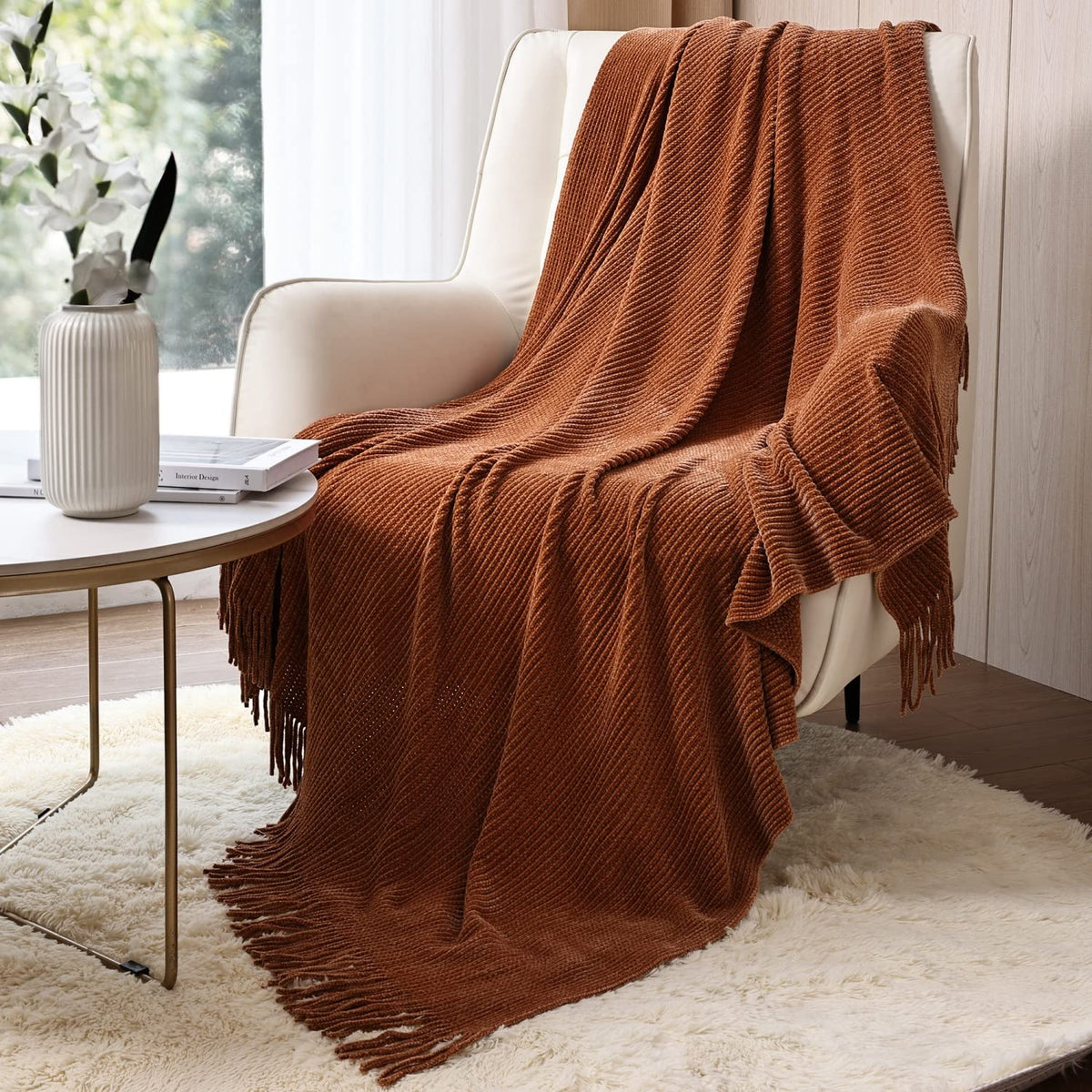 CREVENT Farmhouse Boho Knitted Throw Blanket for Couch Sofa Chair Bed Home Decoration, Soft Warm Cozy Light Weight for Spring Summer Fall (50''X60'' Off White/Ivory/Cream)