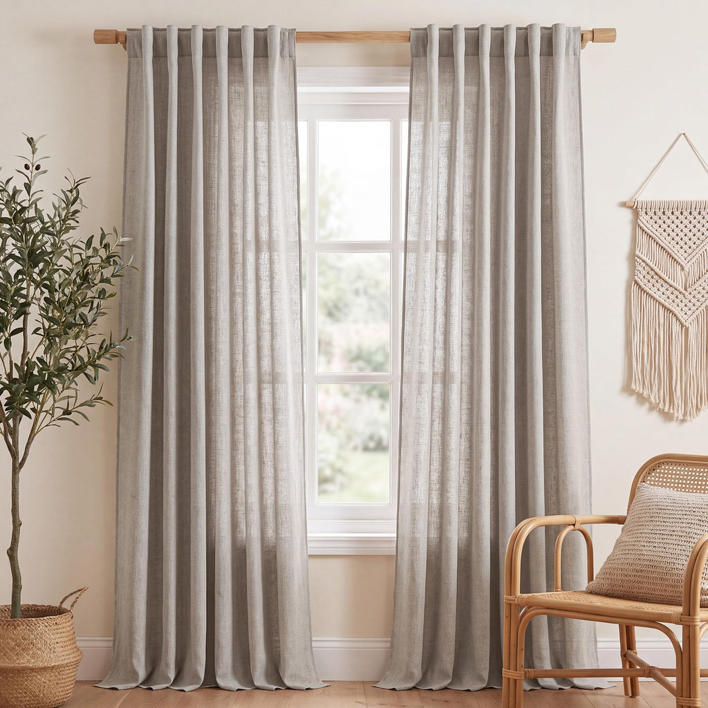 NICETOWN White Linen Sheer Curtains and Drapes 84 inches Long, Rod Pocket & Back Tab semitransparent with Light Through Vertical Window Treatments for Sliding Glass Door & Living Room, 52"W, Set of 2
