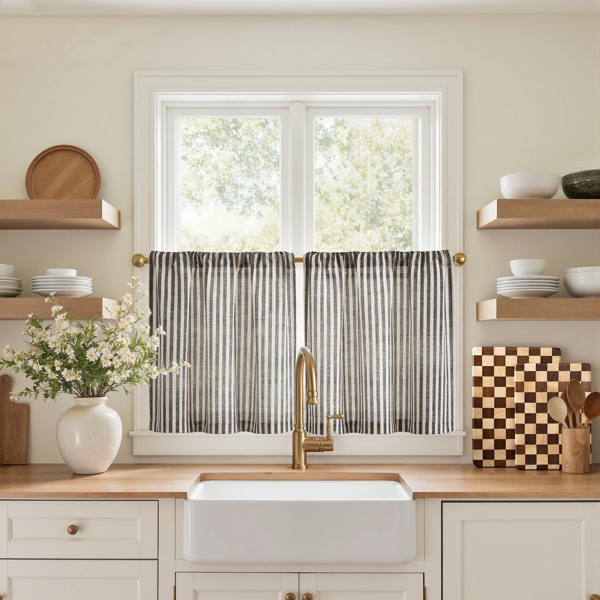 jinchan Striped Linen Kitchen Curtains 36 Inches Length Tier Curtains Farmhouse Modern Cafe Style Small Window Treatments Airy Light Filtering Rod Pocket for Living Room Bathroom 2 Panels Sage Green