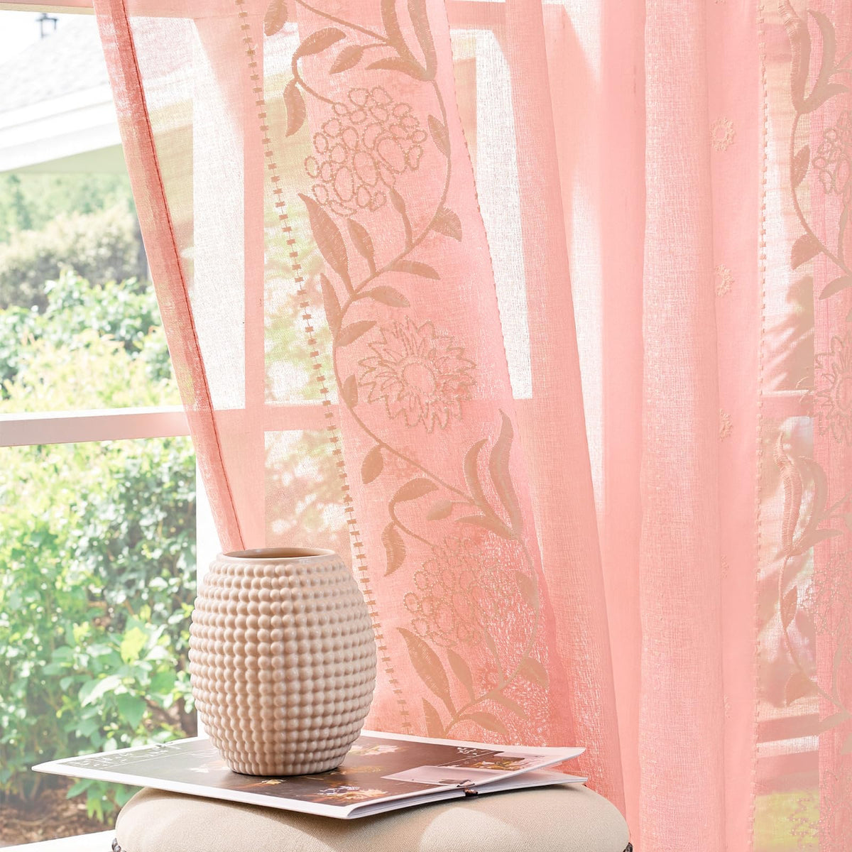 jinchan Sage Floral Linen Curtains for Living Room 84" Back Tab 2 Panels