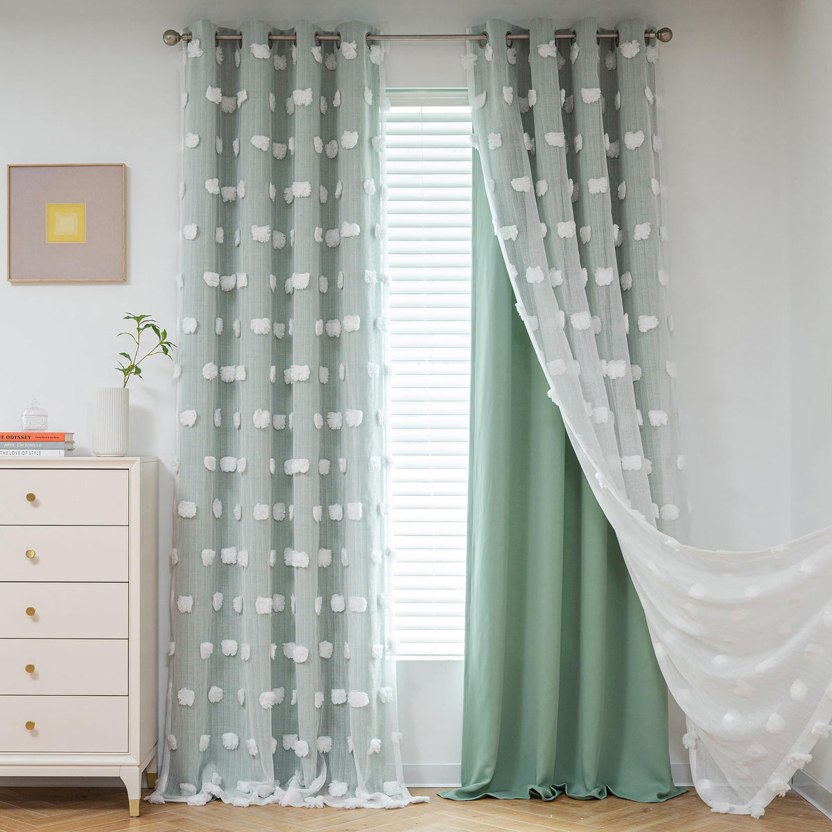 MYSKY HOME Beige Boho Curtains for Living Room 84 Inches Long Blackout Bohemian Curtains 2 Panels Beige Pom Pom Sheer Thermal Insulated Rustic Grommet Privacy Room Darkening Window Drapes 52" x 84"