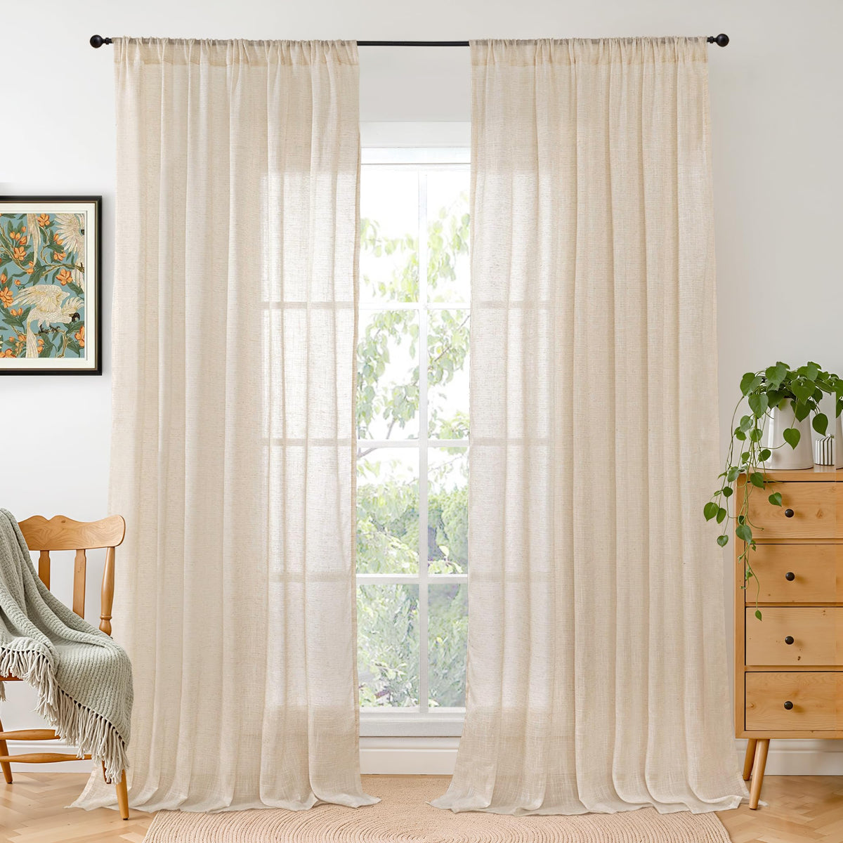 BGment Tan Linen Curtains 84 Inch Length 2 Panels Burlap Semi Sheer Drapes