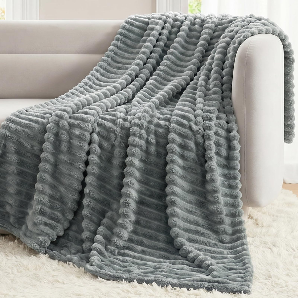 CozyLux Black Throw Blanket for Couch, Ribbed Fleece, 50 x 60 Inch