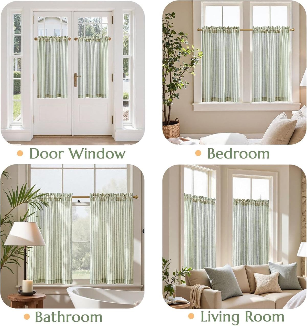 jinchan Striped Linen Kitchen Curtains 36 Inches Length Tier Curtains Farmhouse Modern Cafe Style Small Window Treatments Airy Light Filtering Rod Pocket for Living Room Bathroom 2 Panels Sage Green