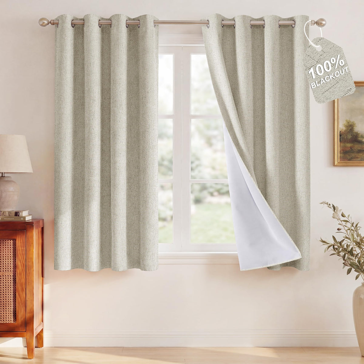 NICETOWN Beige Linen Blackout Curtains 84 Inches Long, W52xL84, 2 Panels