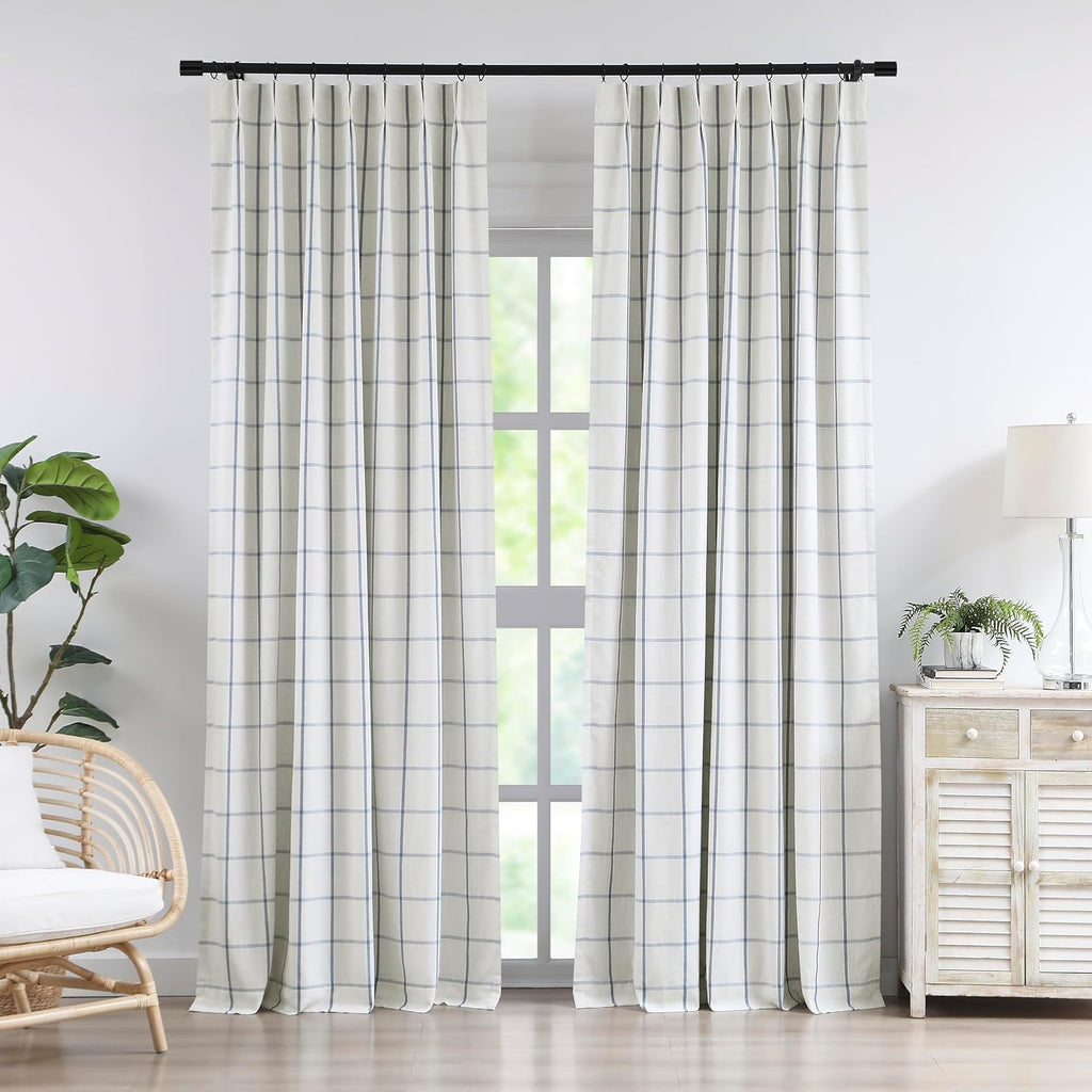 Vision Home Blue Plaid Linen Pinch Pleated Full Blackout Curtains 40Wx84Lx2