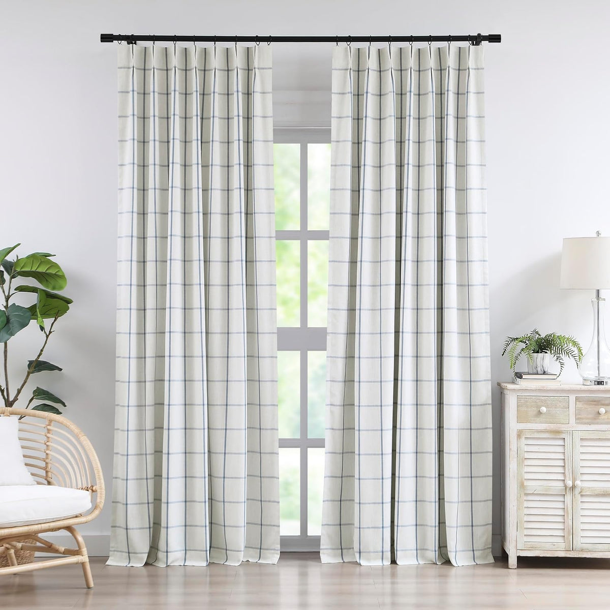 Vision Home Blue Plaid Linen Pinch Pleated Full Blackout Curtains 40Wx84Lx2