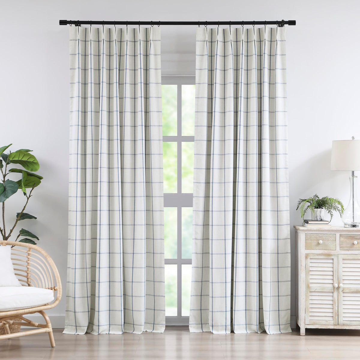 Vision Home Blue Plaid Linen Pinch Pleated Full Blackout Curtains 40Wx84Lx2