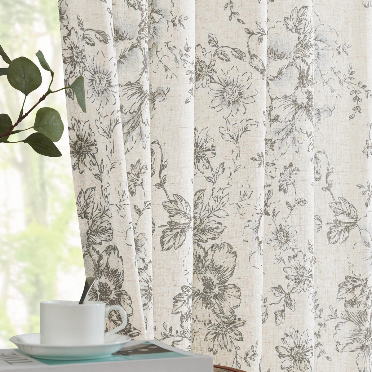jinchan Vintage Floral Linen Curtains 84 Long for Living Room 2 Panels