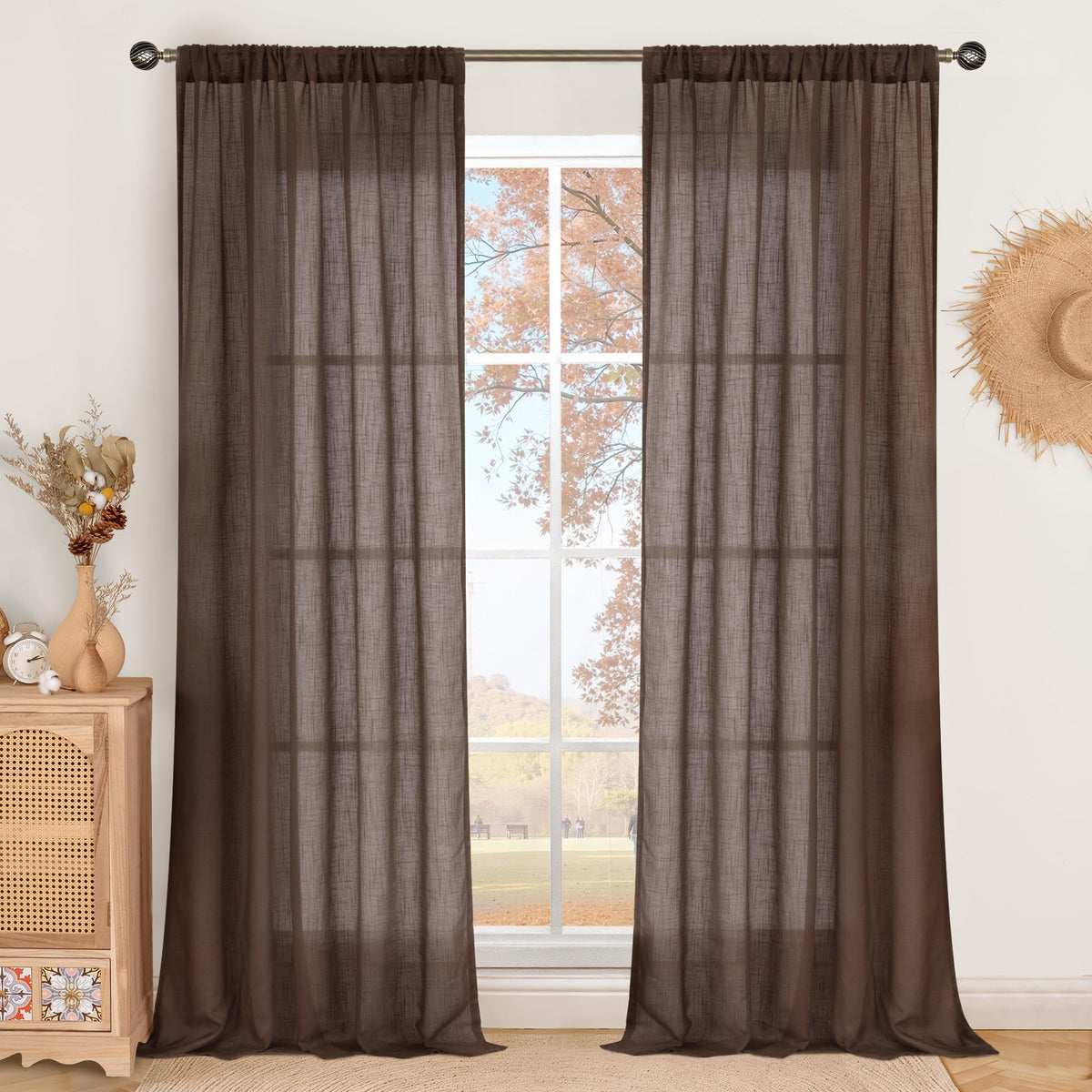 BGment Tan Linen Curtains 84 Inch Length 2 Panels Burlap Semi Sheer Drapes