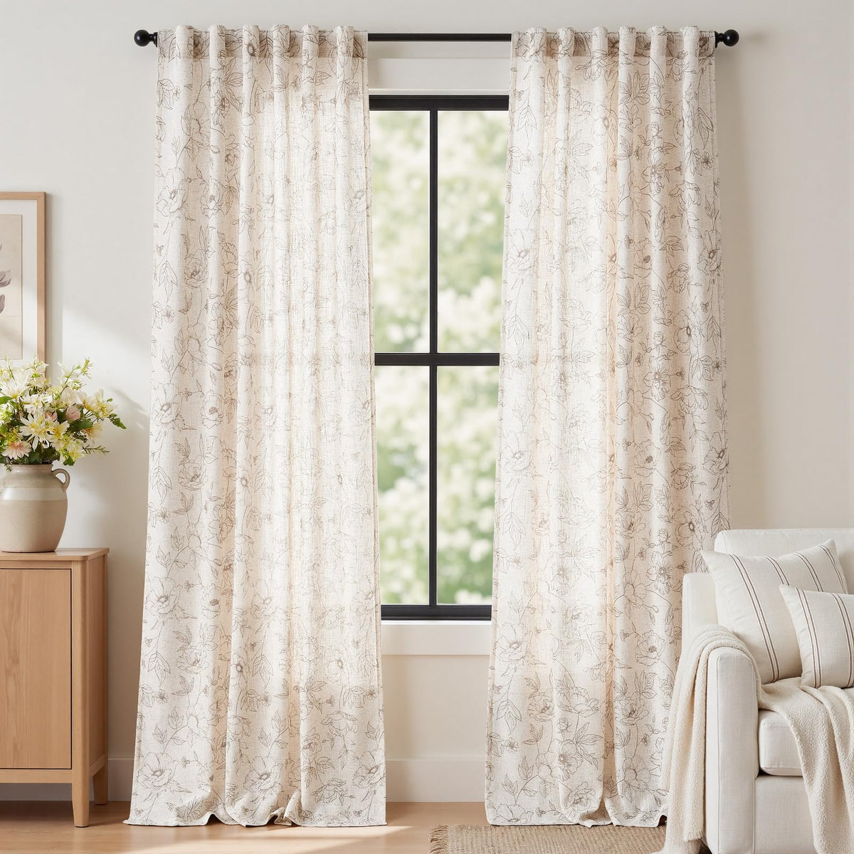 jinchan Taupe Floral Linen Curtains 84 Inch Farmhouse Back Tab 2 Panels