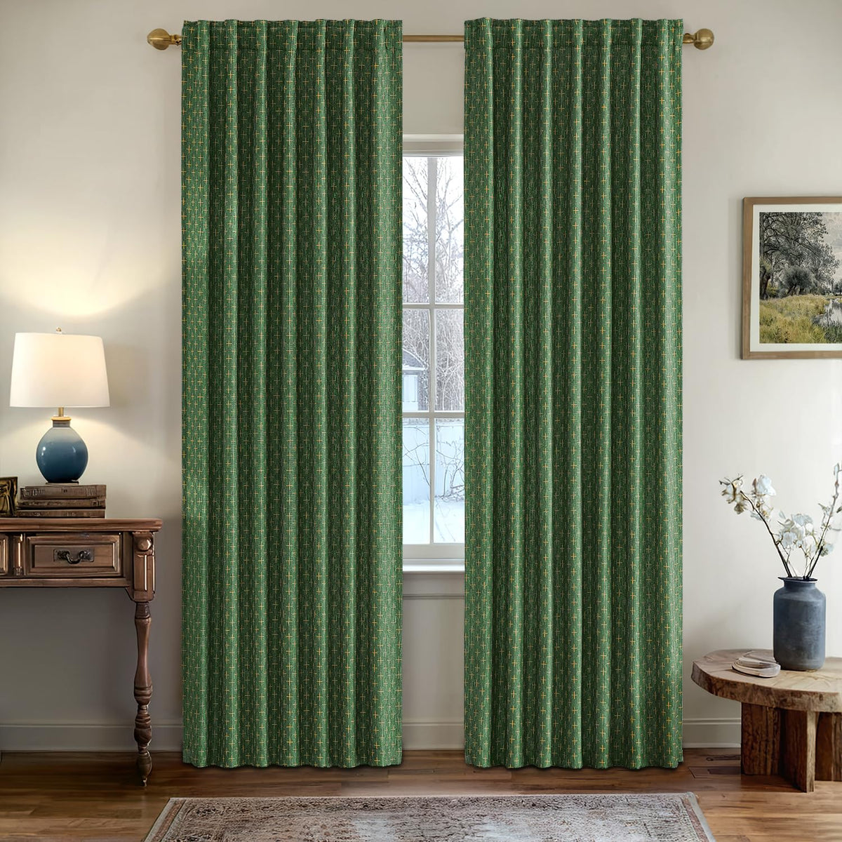 MIULEE Patterned Farmhouse Linen Curtains, Back Tab, 52Wx84L, Blue