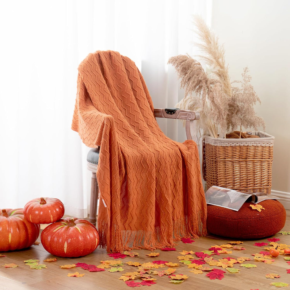 BATTILO HOME Burnt Orange Throw Blanket for Couch, Decorative Fall Throw Blanket with Tassels Halloween Throw Fall Decor, 50"x60"