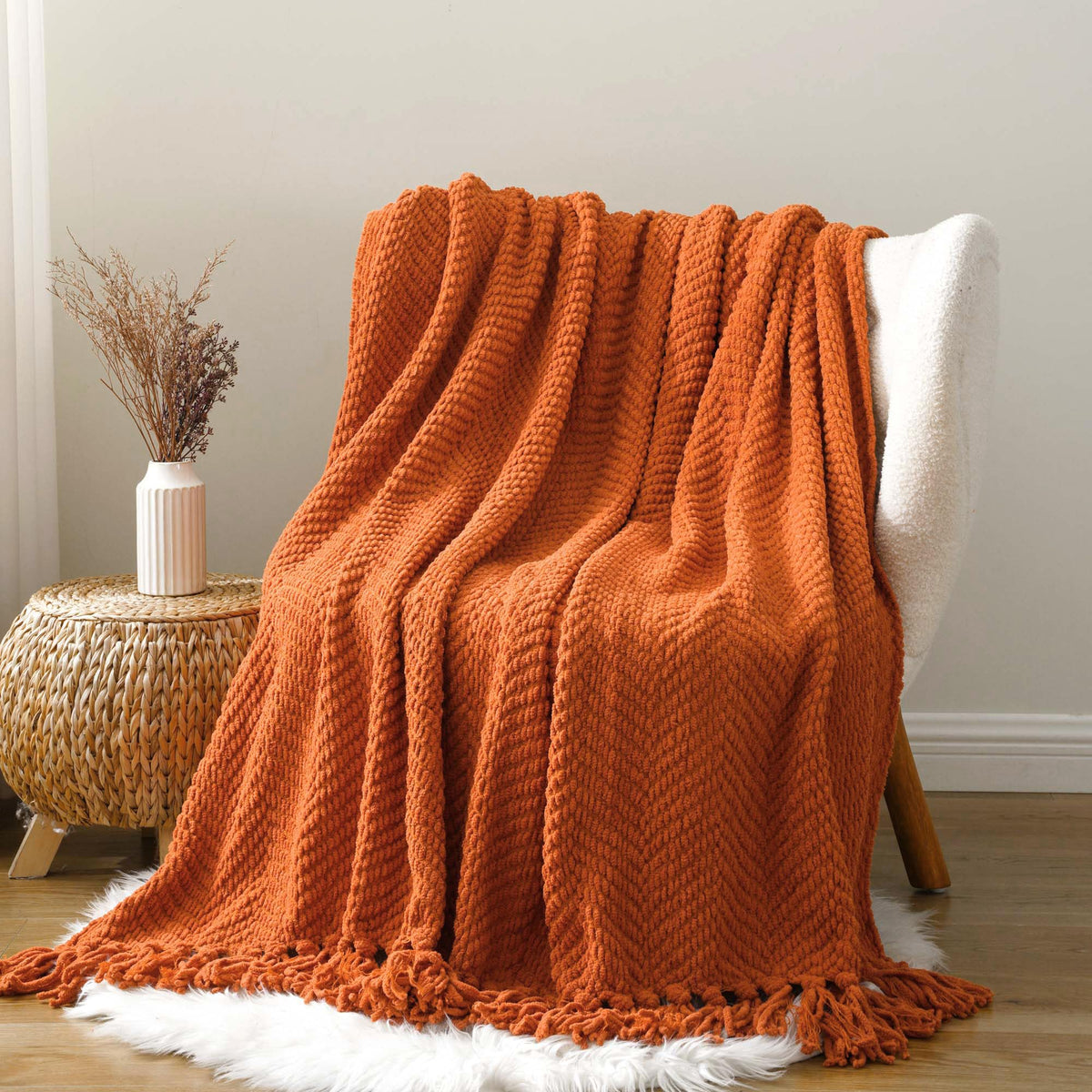 BATTILO HOME Beige Throw Blanket for Couch, Knitted Beige Throw for Bed, Neutral Throw Blankets Tan Throw Blanket for Room Decor Housewarming Gifts, 50" x 60"
