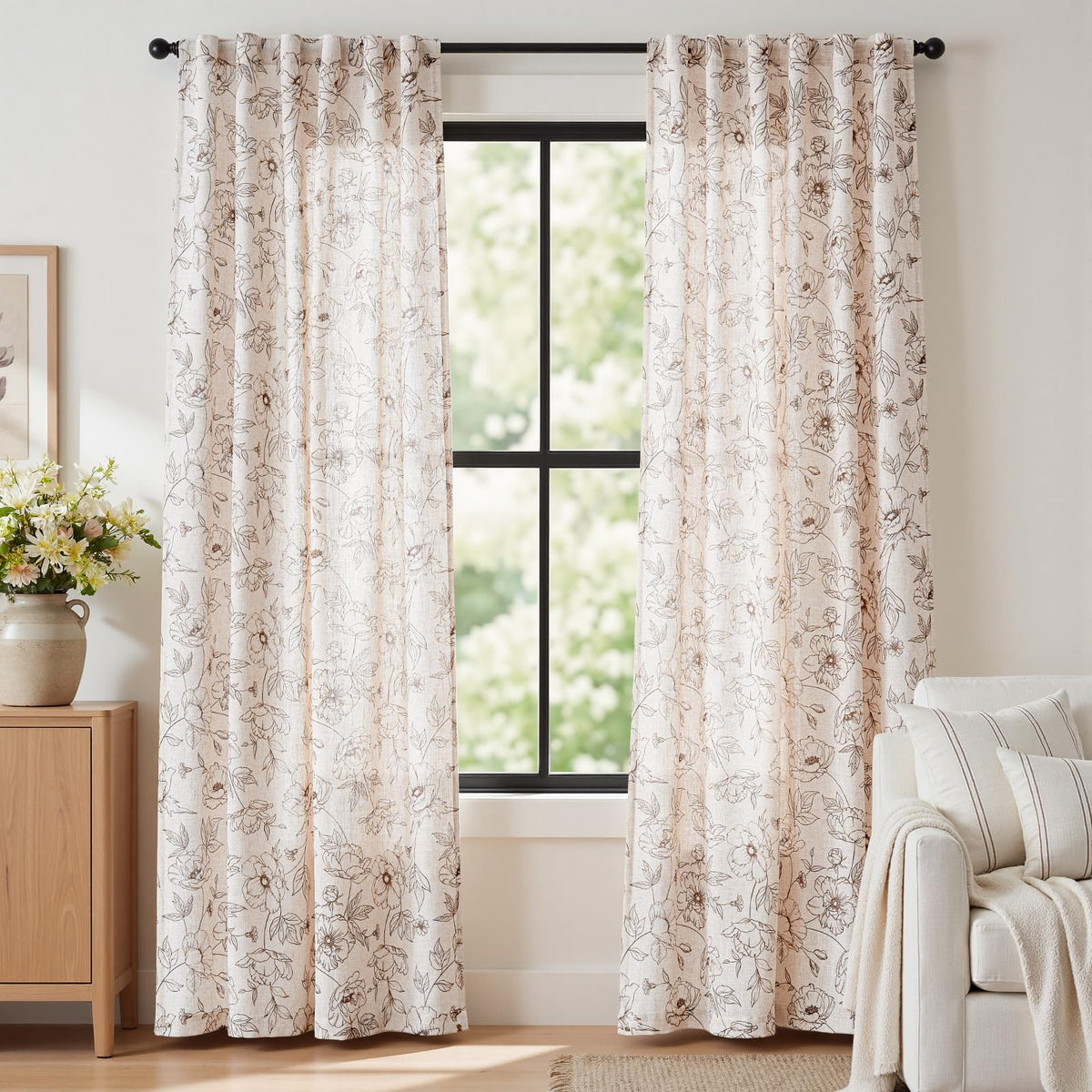 jinchan Taupe Floral Linen Curtains 84 Inch Farmhouse Back Tab 2 Panels