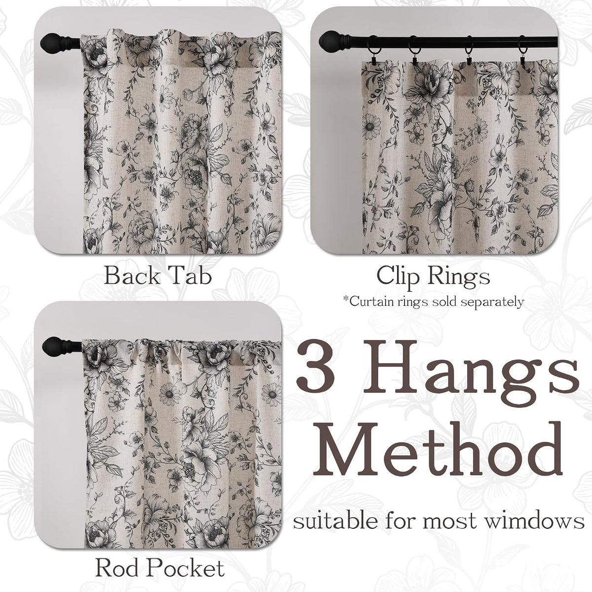XWZO Floral Curtains for Living Room Linen Farmhouse Curtains 84 Inch Length Black Floral Patterned Curtain Peony Flower Printed Back Tab Curtain Bedroom Window Drapes 2 Panels