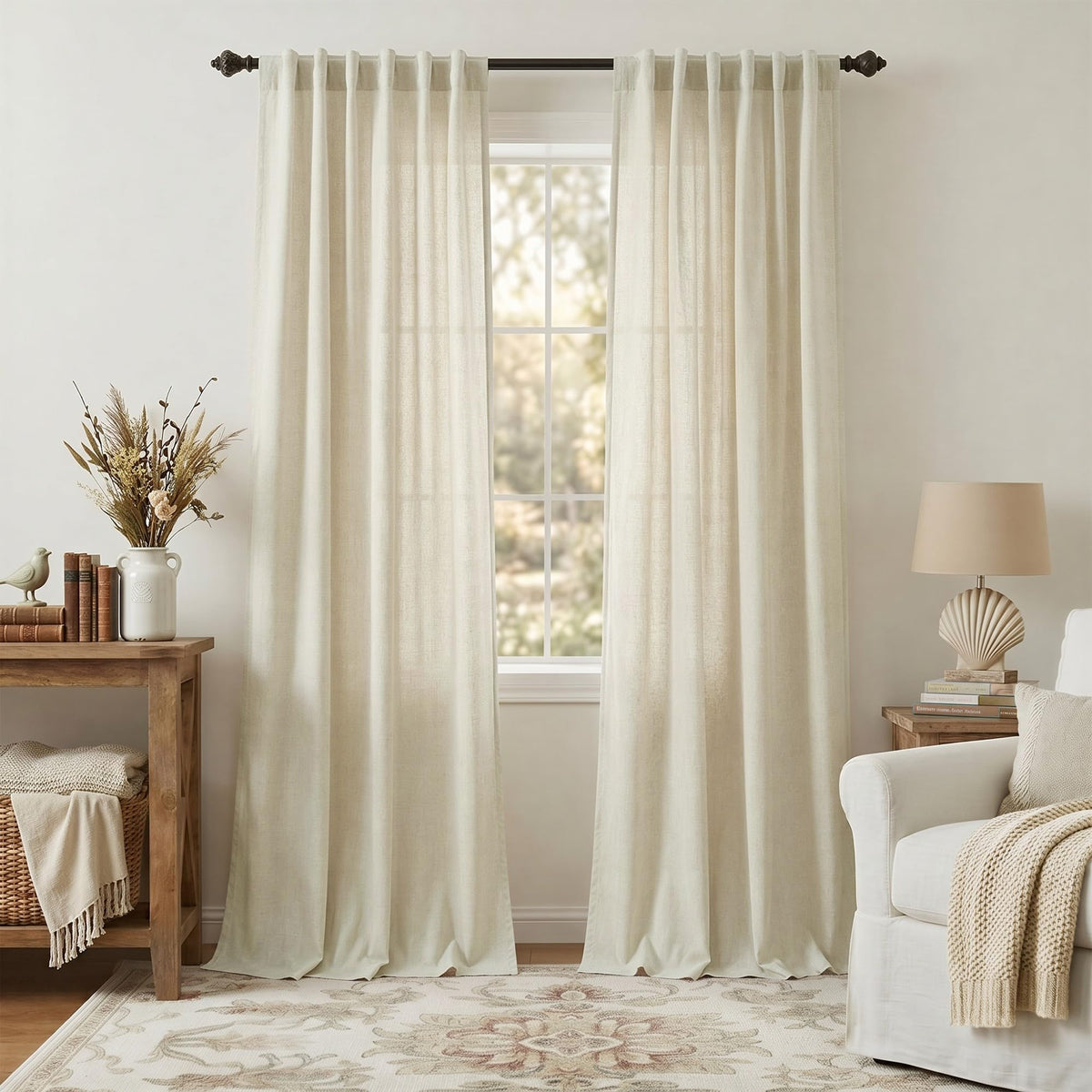 Natural Linen Back Tab Curtains 84 Inch Length for Living Room 2 Panel Pocket Drape Light Filtering Semi Sheer Neutral Country Rustic Farmhouse Boho Curtain Bedroom Muslin Look Ivory Cream Colored