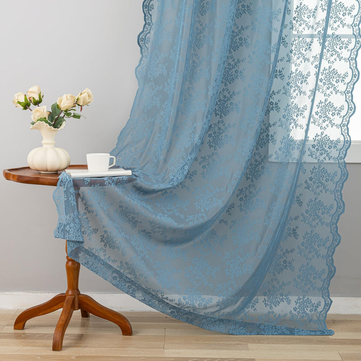 YJ YANJUN Vintage Lace Curtains 84 Inches Long-Victorian Floral Pattern Ivory Sheer Curtain Panels for Living Room Bedroom French Door, Light Filtering Drapes, 2 Panels 52W x 84L Cream