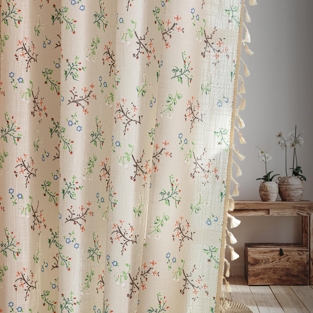 ENJOYBRIDAL Floral Curtains 84 Inch Long Living Room Boho Drapes Bedroom 2 Panels Semi Sheer Floor Length Window Curtain Panels Vintage Rod Pocket Tassel Farmhouse Nursery Window Treatments