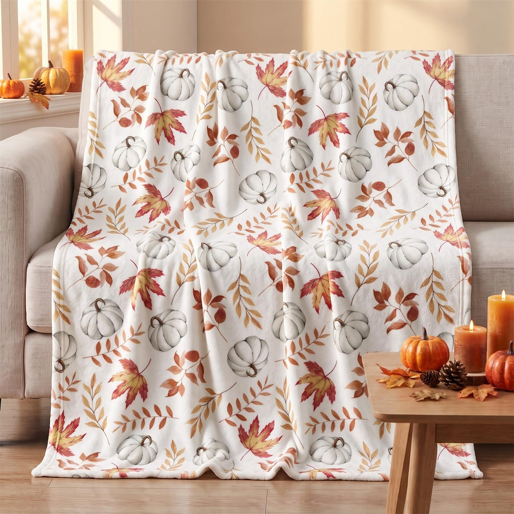 Horaldaily Fall White Pumpkin Orange Leaves Flannel Throw Blanket 50x60