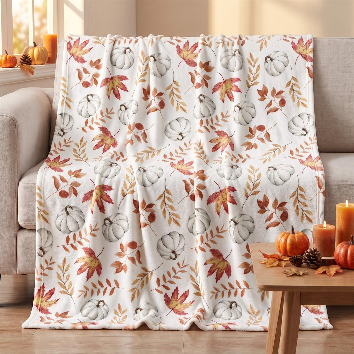 Horaldaily Fall White Pumpkin Orange Leaves Flannel Throw Blanket 50x60