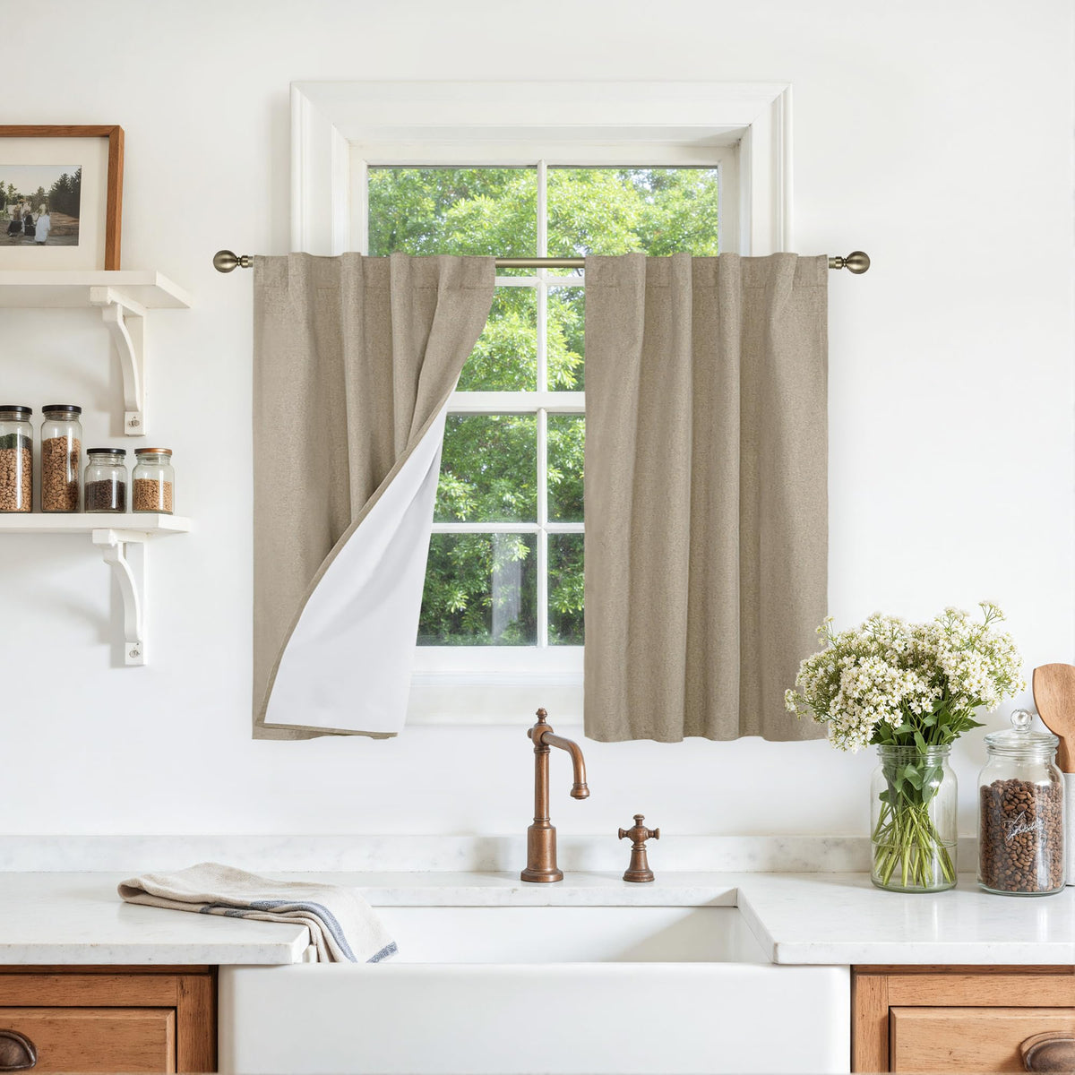 LAMIT 100% Blackout Short Linen Curtains for Cafe 40 Inch Length, Ivory