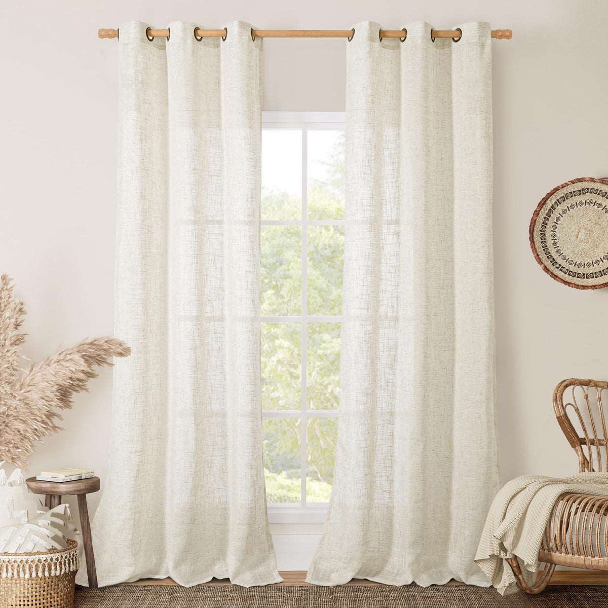 LAMIT Cream Ivory Linen Semi Sheer Curtains 84 inch Length for Bedroom