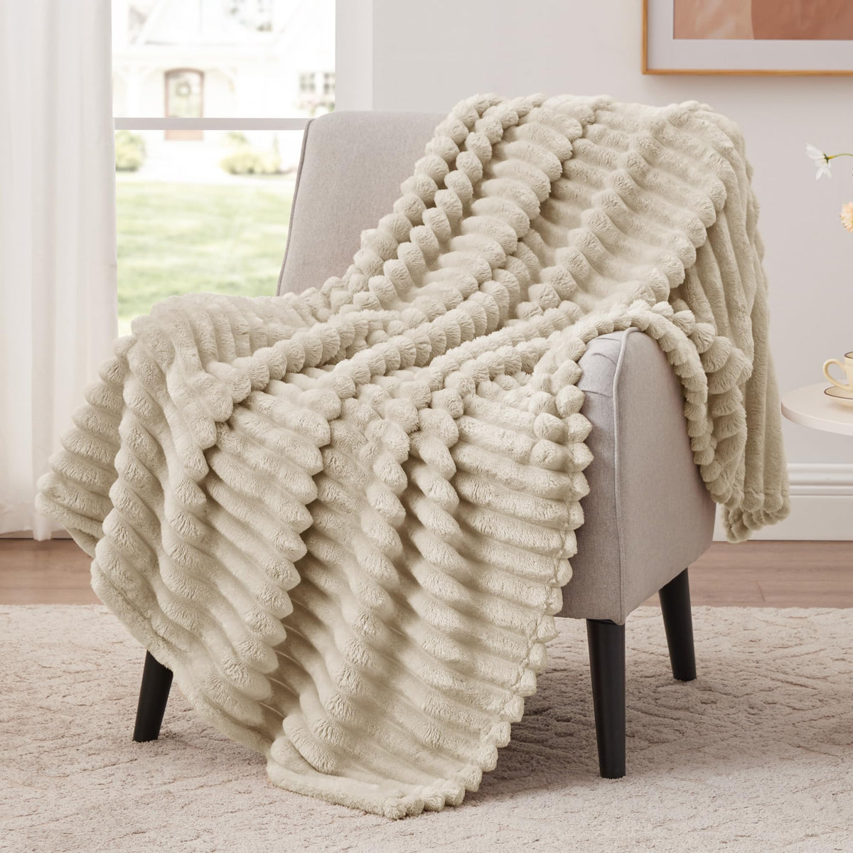 EXQ Home Stripe Jacquard Throw Blanket Light Purple for Couch Gentle Soft