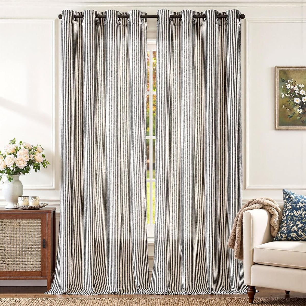 jinchan Linen Curtains 84 Inch Taupe Grey Stripe on Beige Grommet 2 Panels
