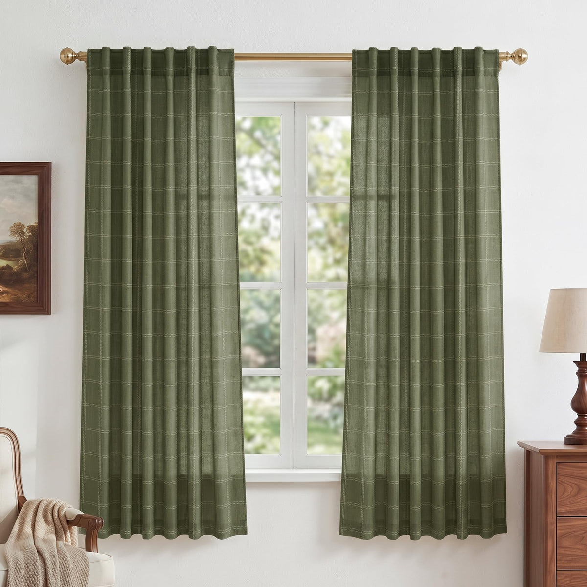 NICETOWN Moss Green Linen Plaid Curtains 96 inches Long for Bedroom