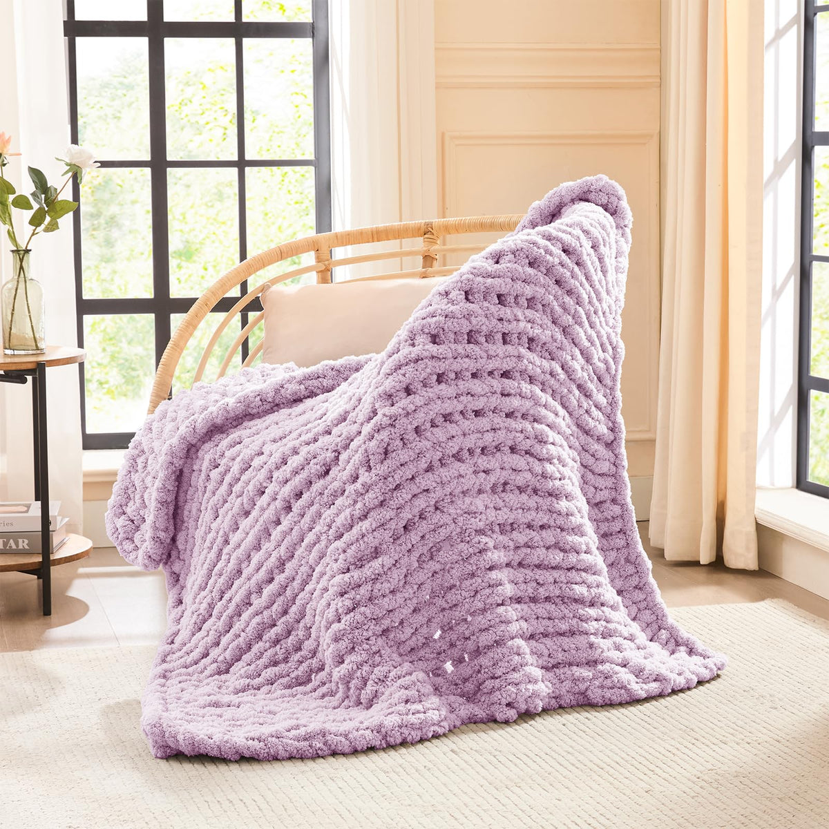 L'AGRATY Chunky Knit Throw Blanket for Couch, 50'' x 60'' Knit Throw, Ivory