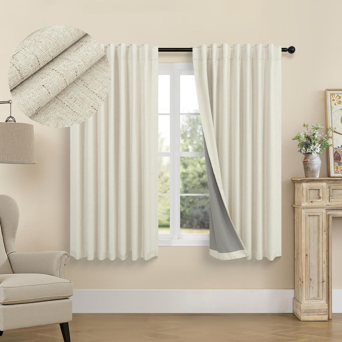 100% Blackout Curtains 84 Inch Length 2 Panels Set Neutral Boho Linen Farmhouse for Bedroom Windows Living Room Darkening Thermal Insulated Drapes Natural Cream Ivory 7ft Long Back Tab Pleated Pocket
