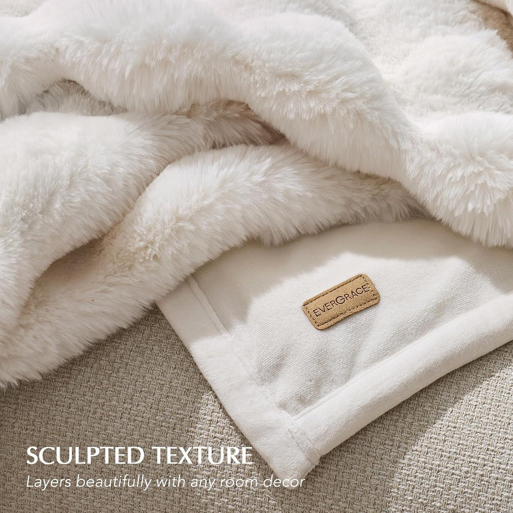 EverGrace Faux Rabbit Fur Bubble Throw Blanket, 60"x80", Ivory White