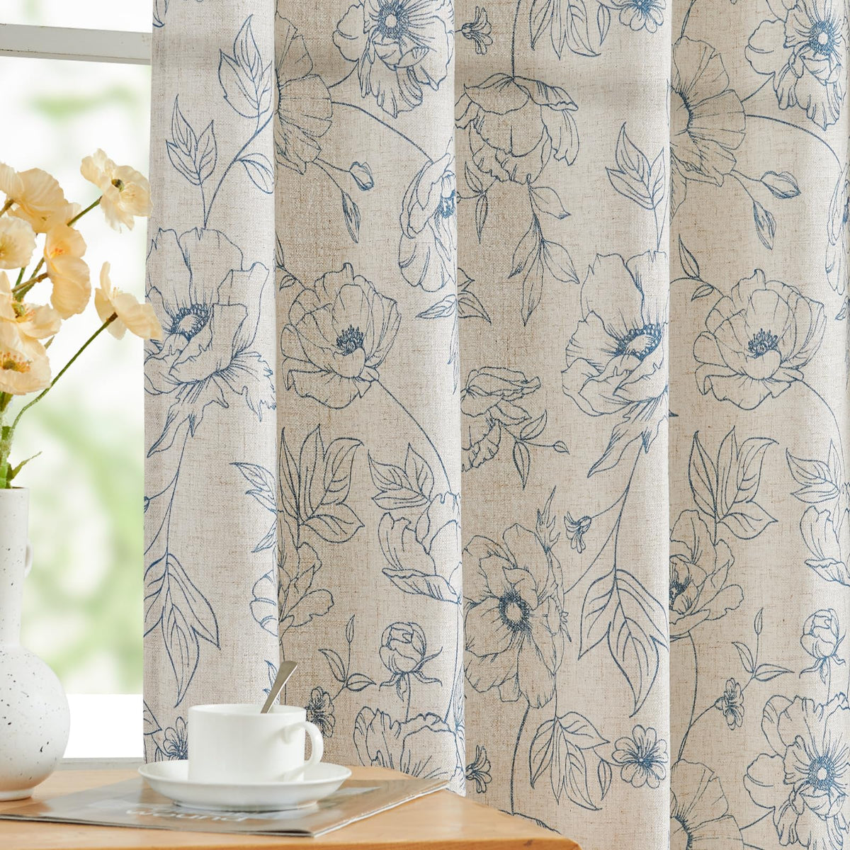 jinchan Taupe Floral Linen Curtains 84 Inch Farmhouse Back Tab 2 Panels