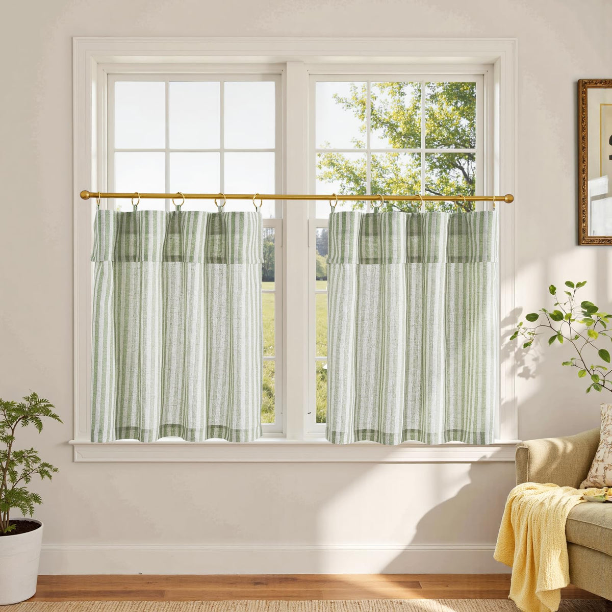 jinchan Striped Linen Kitchen Curtains 36 Inches Length Tier Curtains Farmhouse Modern Cafe Style Small Window Treatments Airy Light Filtering Rod Pocket for Living Room Bathroom 2 Panels Sage Green
