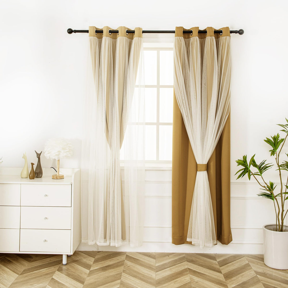 INLINAS Blackout Curtains with Sheer Overlay, Beige, 52x84 Inches